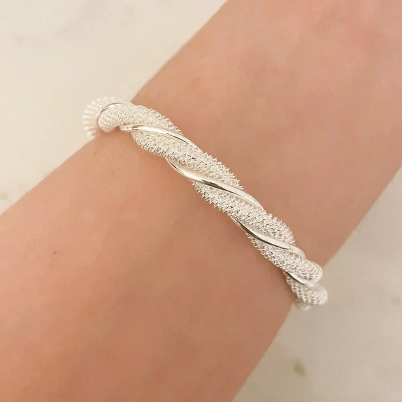 925 Sterling Silver Twist Bangle Bracelet Cuff Bracelet Shiny Textured Bracelet - Picture 1 of 5